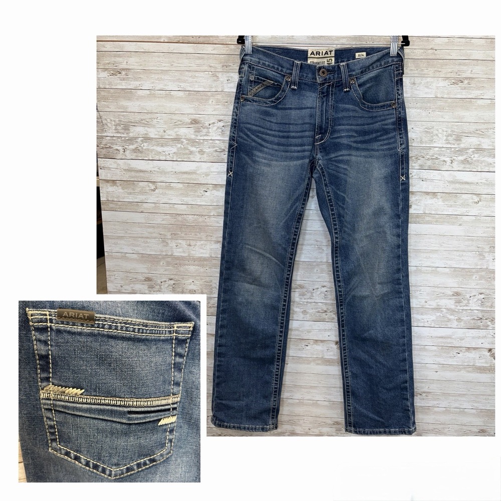 ARIAT Mens 30x34 M5 Jeans Straight Fit Straight Leg Dark Wash Whiskered Western